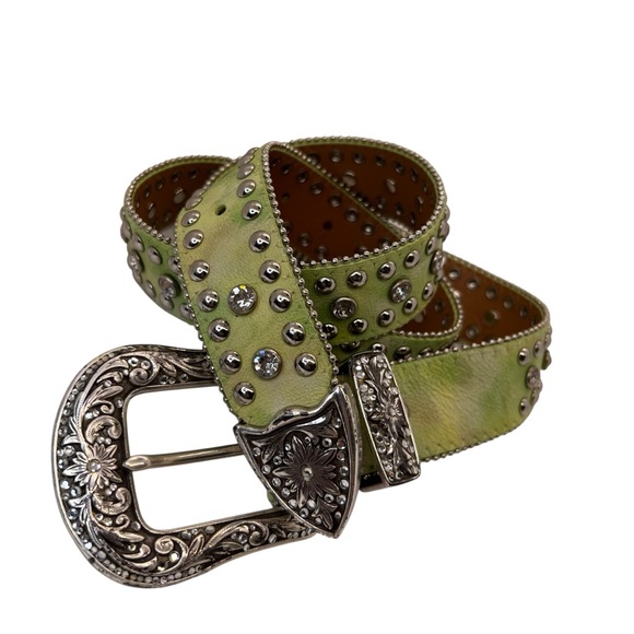 XL Nocona green Leather Rhinestone Embossed Belt- - Picture 1 of 12